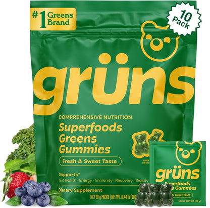 Gruns Adult Super Greens Multivitamin Gummies, Superfood Gummy Vitamins for Women and Men with Spirulina, Chlorella, Adaptogens & Prebiotic Fiber for Digestive Health (28 Count) (Pack of 2)