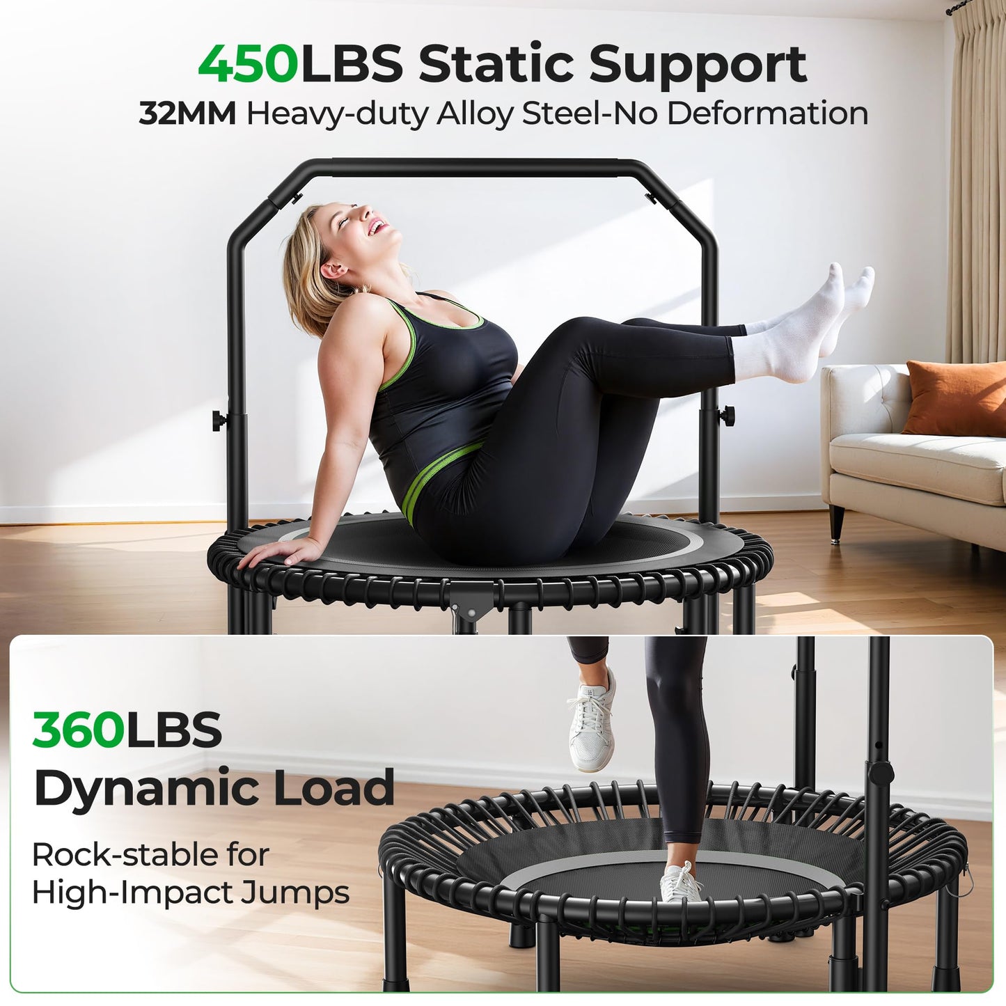 BCAN BT2 450/550LBS Mini Rebounder Trampoline for Adults with Bar, Fitness Trampoline with Bungees, Adjustable Handle, Stable & Quiet, Indoor Outdoor, Whole-Body Workout - 40IN/48IN | FED Fitness