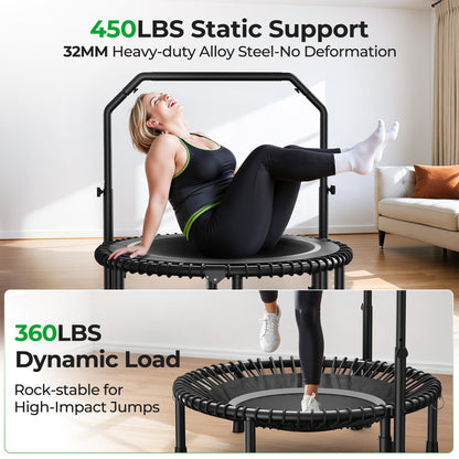 BCAN BT2 450/550LBS Mini Rebounder Trampoline for Adults with Bar, Fitness Trampoline with Bungees, Adjustable Handle, Stable & Quiet, Indoor Outdoor, Whole-Body Workout - 40IN/48IN | FED Fitness
