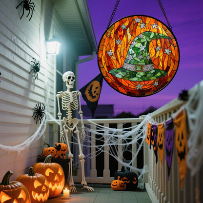 Stained Glass Window Hanging, Halloween Decorations Evil Pumpkin Suncatcher for Doors Garden Indoor Spooky Funny Orange Sun Catchers Gothic Decor Horror Gifts for Women Men Friend 15 in