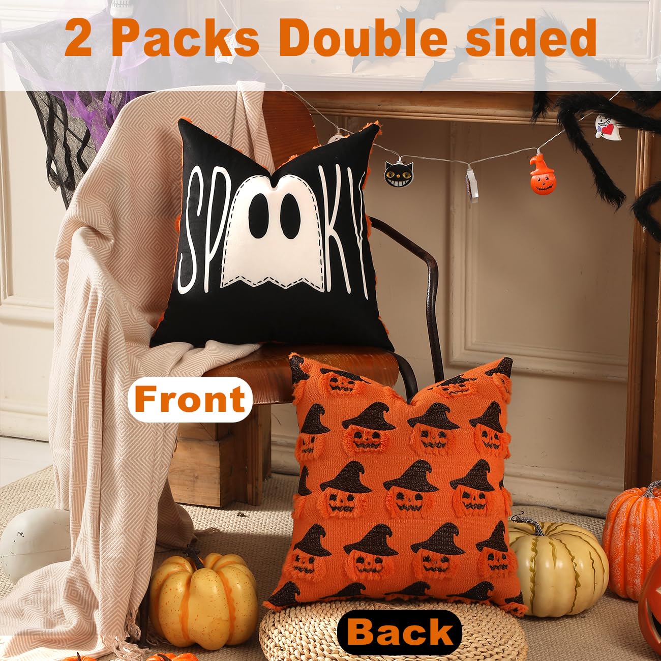 TOYPOPOR Halloween Decorations, 2 Packs Double Sided Ghost Pillow Covers, Soft Fur Throw Pillow Cases Indoor outdoor Pumpkin Couch Cushion Case for Fall Autumn Bedroom Living Room Home Decor 18''x18''