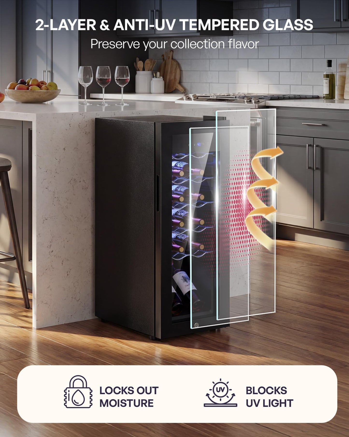 Icyglee 25 Bottle Compressor Wine Cooler Refrigerator, Freestanding Wine Cellar with 41-64°F Adjust Temp & Double-layer Glass Door for Red and White, Wine Cooler for Home Bar, Black