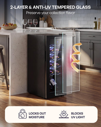 Icyglee 25 Bottle Compressor Wine Cooler Refrigerator, Freestanding Wine Cellar with 41-64°F Adjust Temp & Double-layer Glass Door for Red and White, Wine Cooler for Home Bar, Black