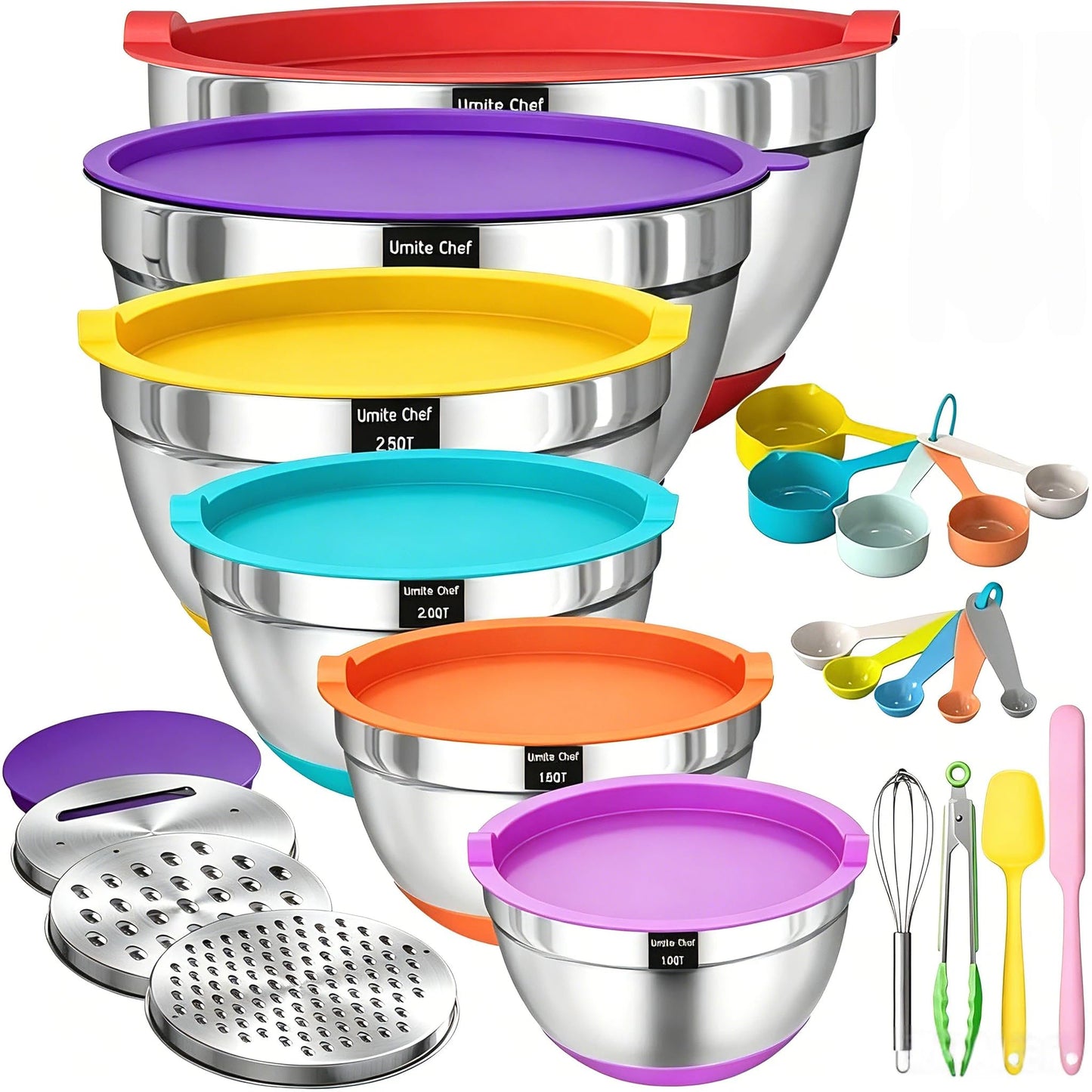 Mixing Bowls with Airtight Lids Set, 26PCS Stainless Steel Khaki Bowls with Grater Attachments, Non-Slip Bottoms & Kitchen Gadgets Set, Size 7, 4, 2.5, 2.0,1.5, 1QT, Great for Mixing & Serving