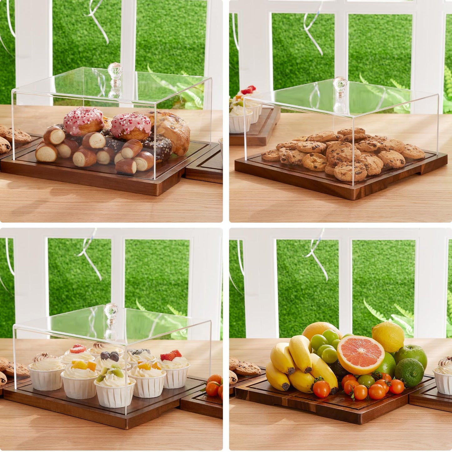 HouseJoy Acacia Wood Cake Stand with Lid-Extra Large 17" Rectangular Cake Holder,2-in-1 Dessert Table Display Set & Charcuterie Board,Acrylic Cake Dome Cover for Cheese/Veggie/Desert /Chips & Dip