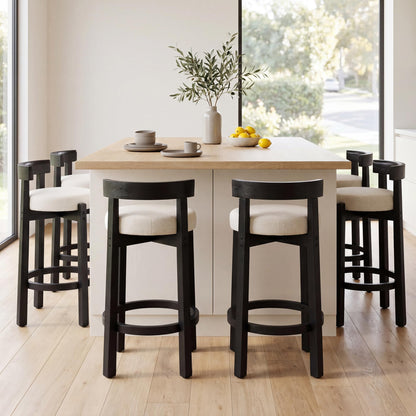 LukeAlon Mid Century Linen Counter Stools Set of 4, Upholstered 26.5” Seat Height Low Barstools with Natural Wood Legs Round Low Back Kitchen Stools with Footrest for Dining Room, Beige