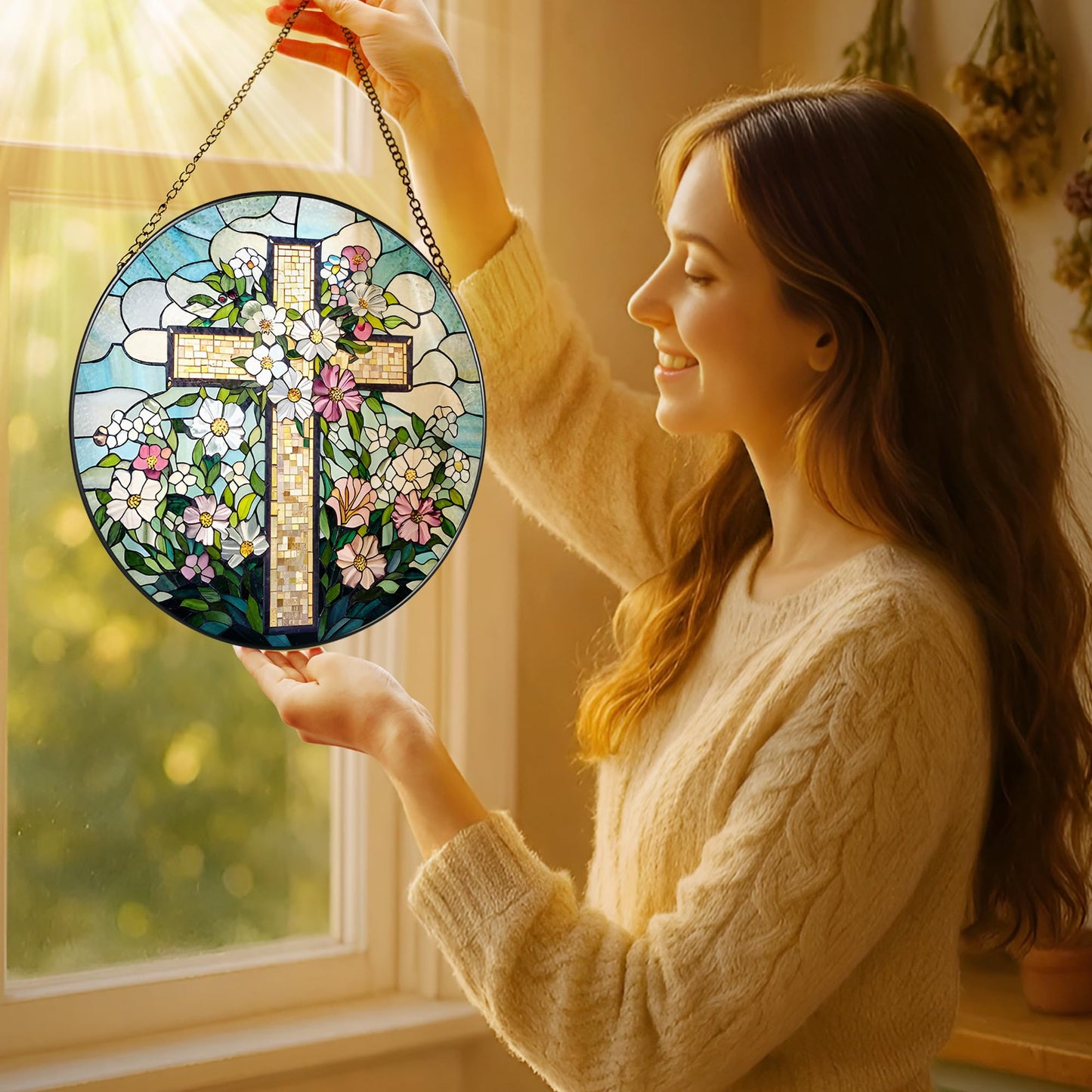 8-Inch Jesus with Cardinals Suncatcher Ornament, Stained Glass Window Hanging & Religious Christmas Ornament, Christian Window Decor — Memorial Gift, Christian Gifts for Her, Religious Gifts