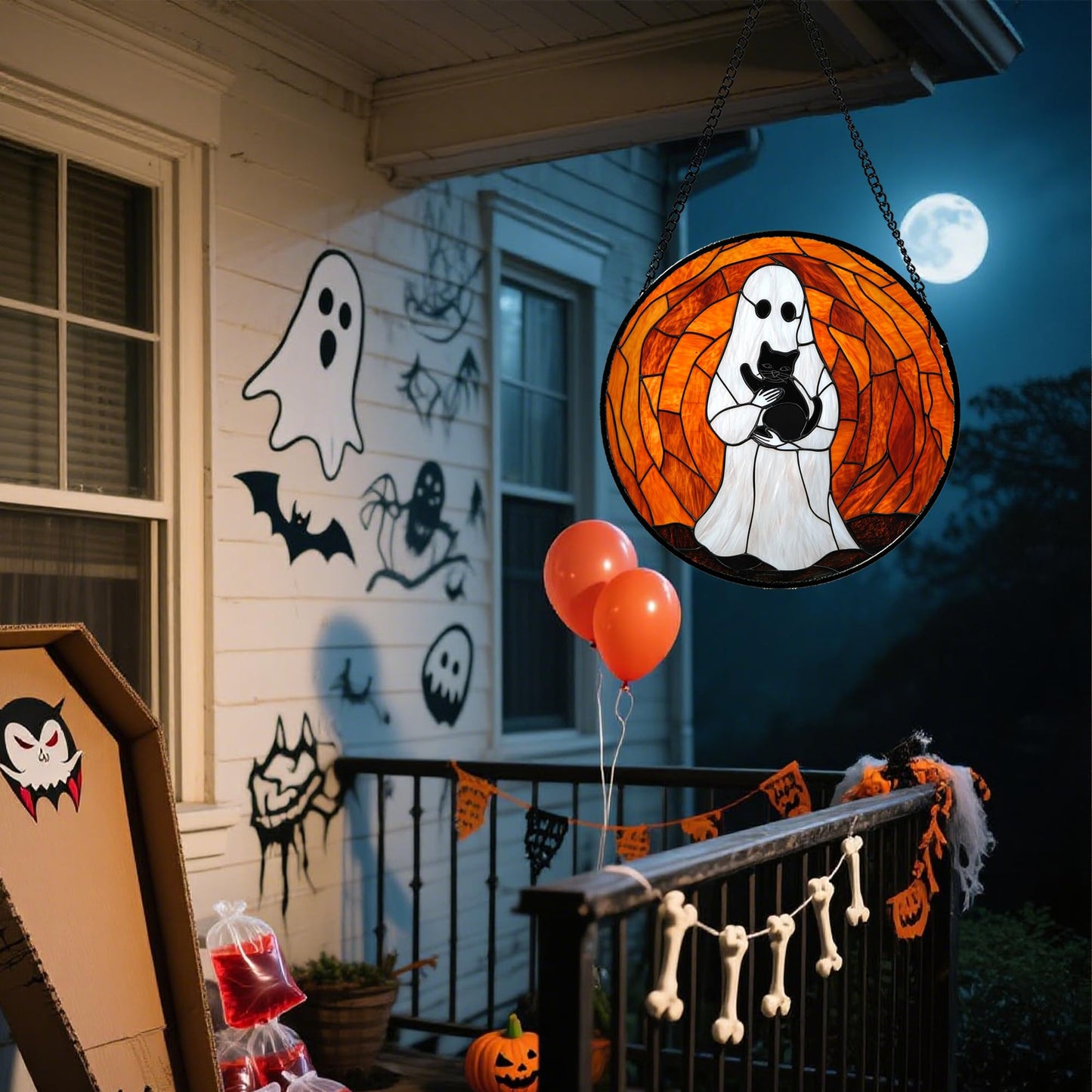 Stained Glass Window Hanging - Halloween Red White Scary Pumpkin Suncatcher for Doors Garden Home Spooky Rattan Sun Catchers Gothic Decor Horror Gifts for Women Men Friend Boy Girl 15 in