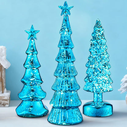 Funnymoom 3 Pack Glass Christmas Trees Decor Lighted Christmas Tree Tabletop Glitter Centerpiece Decoration Glass Xmas Tree Figurines Holiday Ornament for Table Mantle Fireplace(Gold,Classic)
