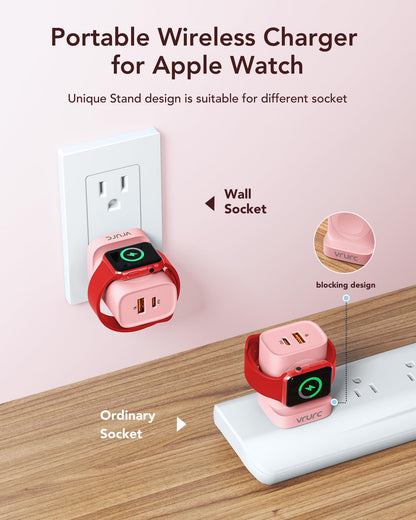 VRURC Fast Charger for Apple Watch, Built-in Wireless Magnetic Charging Station for iWatch SE/11/10/9/8/7/6/5/4, PD 20W USB C Charging Block, Foldable Wall Charger for iPhone 17/16/15/14/13-White