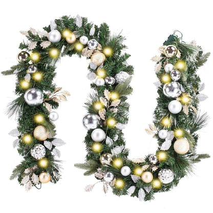 WANNA-CUL Pre-lit 9Feet /108 Inch Christmas Garland with Lights for Front Door, Red Gold Ligthed Christmas Mantel Garland Decoration with Ball Ornaments, Battery Operated 50 LED