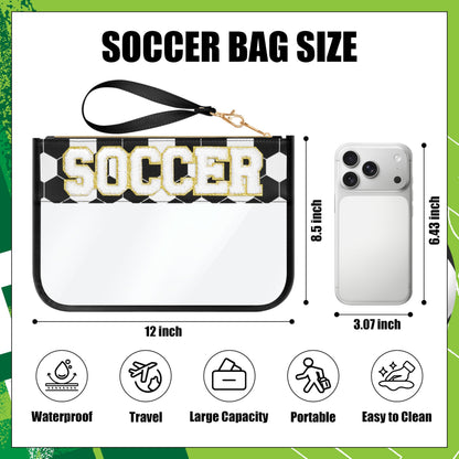 BuyCard Soccer Gift Makeup Bag with Chenille Letter Patch, Clear Cosmetic Pouch PVC Organizer Purse, Waterproof Travel Bag, Portable Toiletry Storage Bag for Her Friends