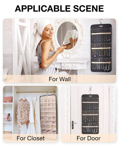 BAGSMART Hanging Jewelry Organizer Storage Roll with Hanger Metal Hooks Double-Sided Jewelry Holder for Earrings, Necklaces, Rings on Closet, Wall, Door, 1 piece, Medium, Pink