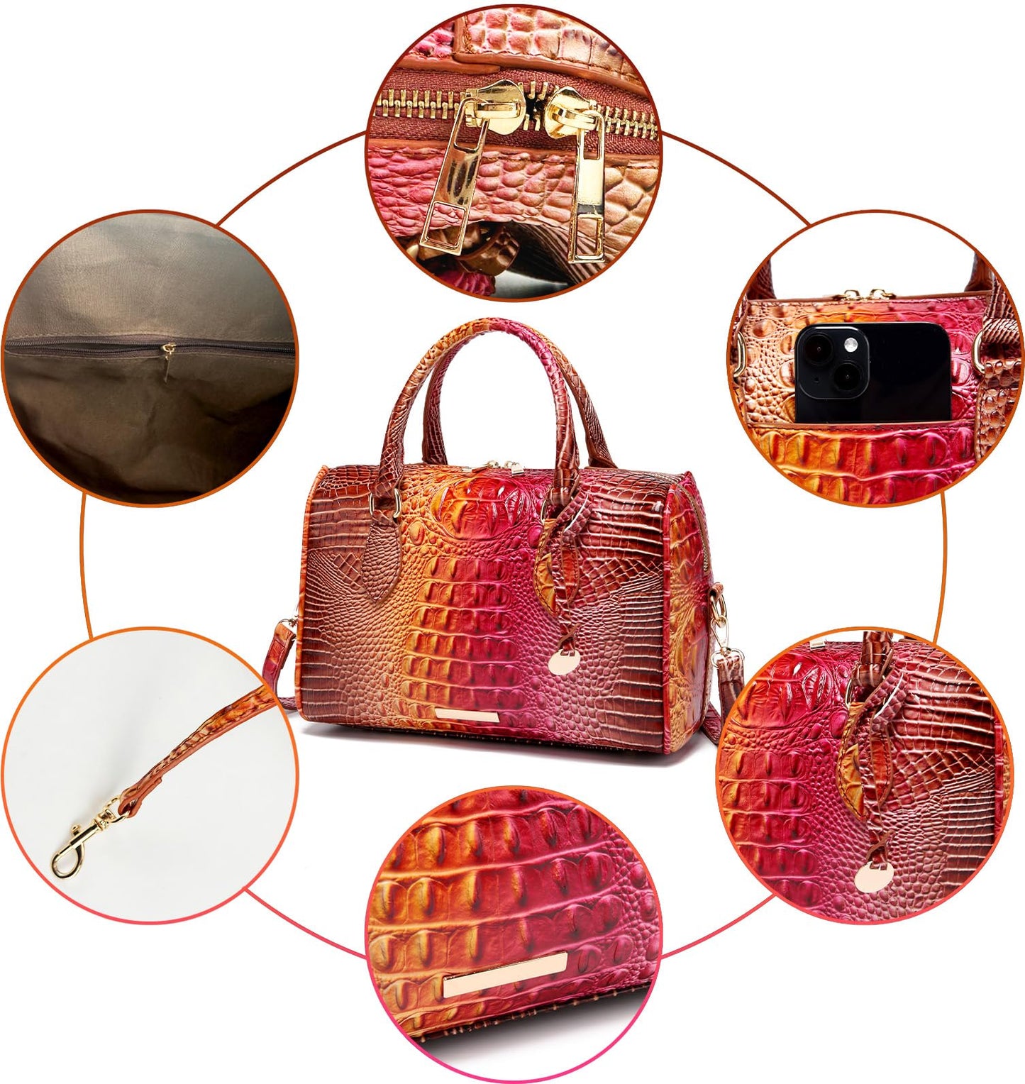 Makcr Joacbv Crocodile Handbag for Women Top Handle Leather Shoulder Purse | Glossy crocodile-embossed vegan leather with rolled handles, buckle details, a structured dome shape, and adjustable strap.