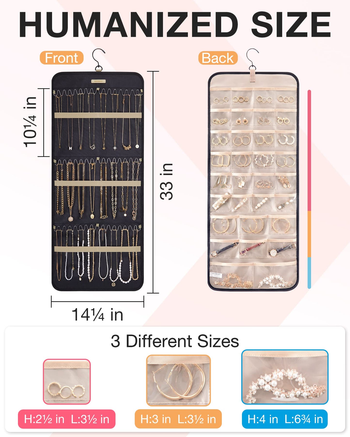BAGSMART Hanging Jewelry Organizer Storage Roll with Hanger Metal Hooks Double-Sided Jewelry Holder for Earrings, Necklaces, Rings on Closet, Wall, Door, 1 piece, Medium, Pink