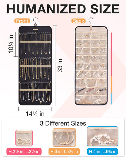BAGSMART Hanging Jewelry Organizer Storage Roll with Hanger Metal Hooks Double-Sided Jewelry Holder for Earrings, Necklaces, Rings on Closet, Wall, Door, 1 piece, Medium, Pink