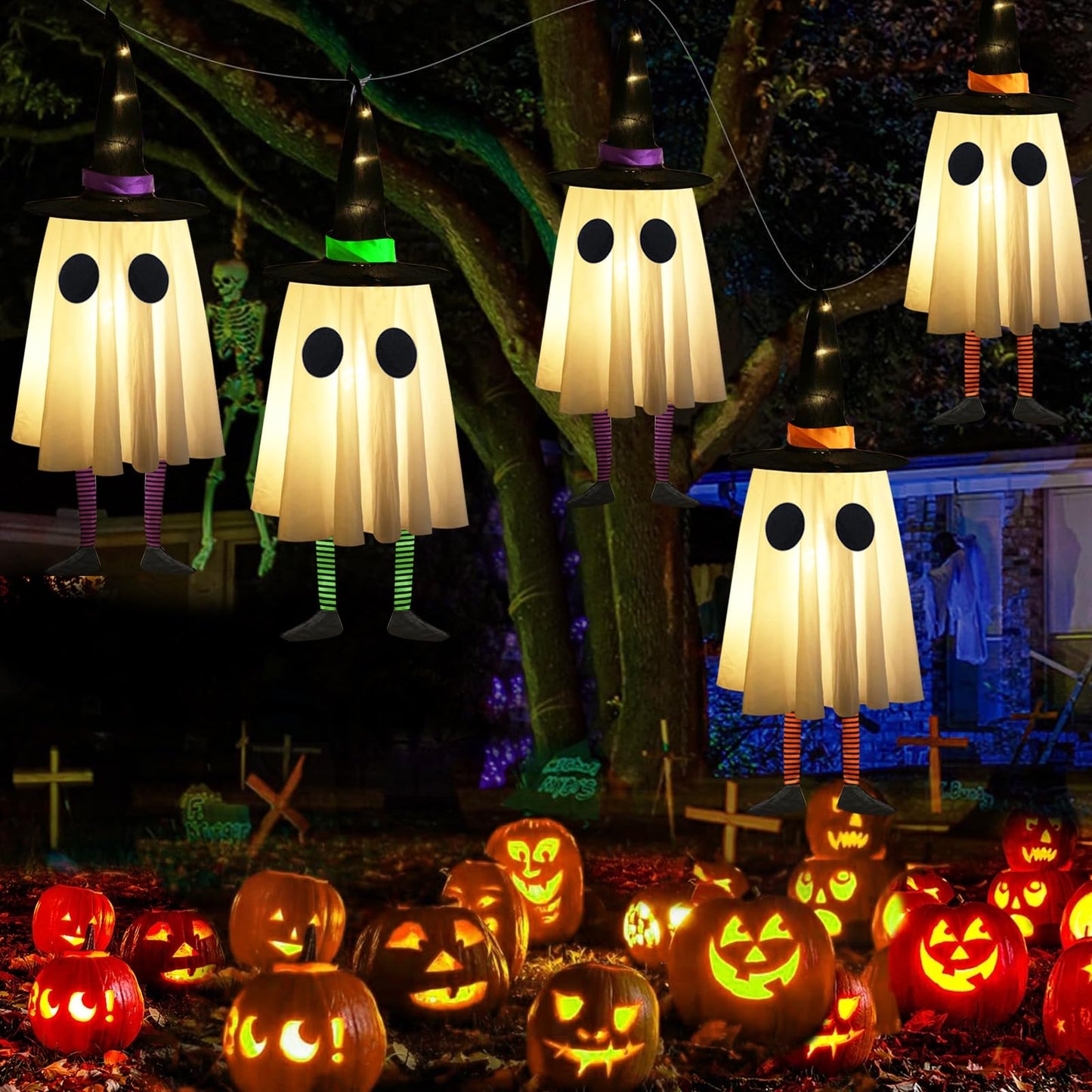 Set of 4 Halloween Hanging Ghosts, Halloween Decorations Outdoor Hanging Ghosts with Witch Hat,Glowing Ghost Witch Hat Lights, Light up Ghost Decor for Yard Patio Garden Tree Outside(4 Ghost Lighted)