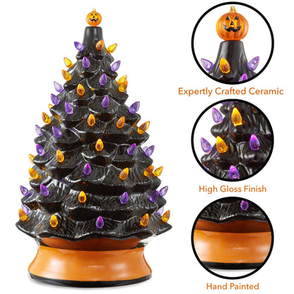 Casafield Hand Painted Ceramic Halloween Tree, 24-Inch Pre-Lit Decoration with 148 Multi-Color Lights, Jack-O-Lantern and Star Toppers