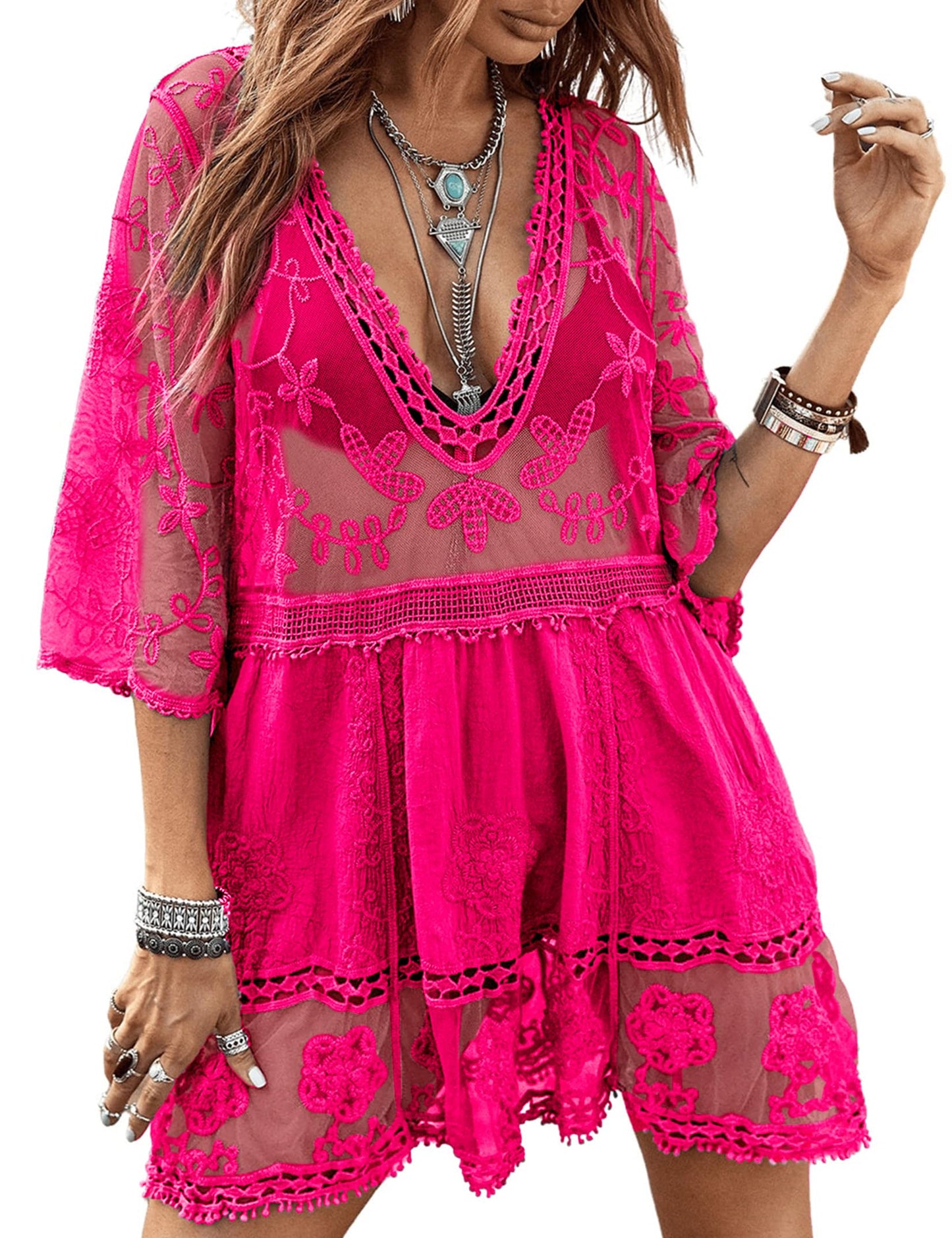 Eomenie Women's Contrast Lace Bathing Suit Cover Up V-Neck Swimsuit Coverups Loose Swimwear Beach Dress Beachwear