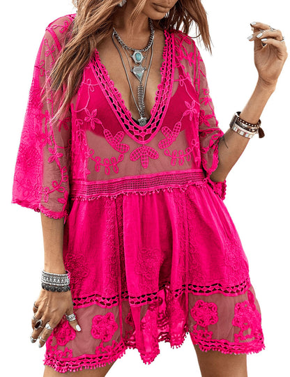 Eomenie Women's Contrast Lace Bathing Suit Cover Up V-Neck Swimsuit Coverups Loose Swimwear Beach Dress Beachwear