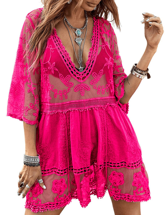 Eomenie Women's Contrast Lace Bathing Suit Cover Up V-Neck Swimsuit Coverups Loose Swimwear Beach Dress Beachwear