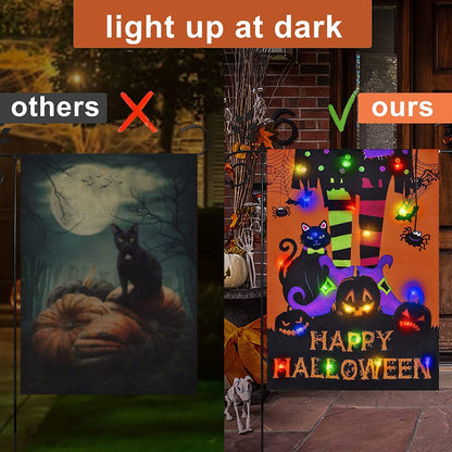 Halloween Lighted Garden Flag for Outside, Led Solar Yard Flag 8 Modes Witch Feet Shape Flag, 28x40 Double Sided Cauldron Eyeball Black Cat Decorations for Home Porch