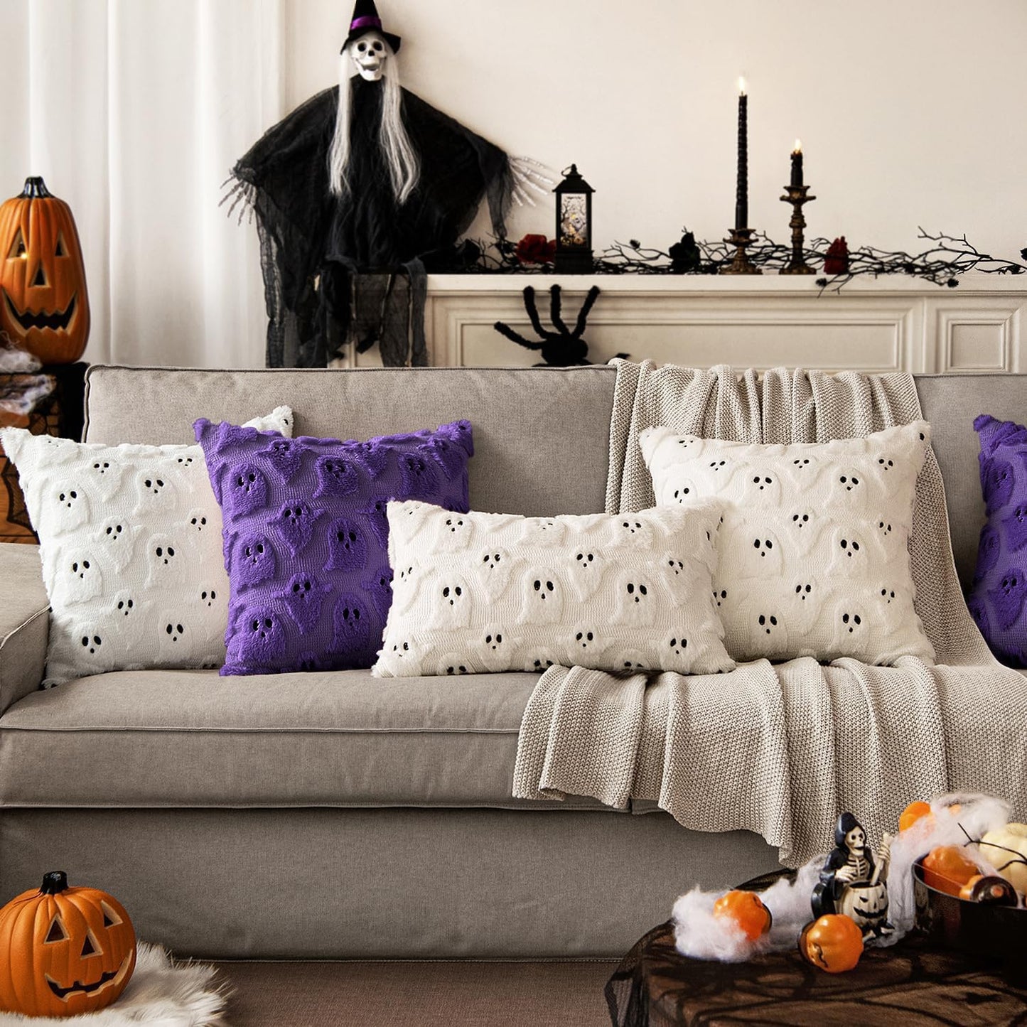 MIULEE Cute Ghost Halloween Pillow Covers 20x20 Inch Set of 2 White | Soft Plush Faux Fur Throw Pillows Spooky Fall Decorative Cushion Covers for Couch Sofa Bed Porch Living Room