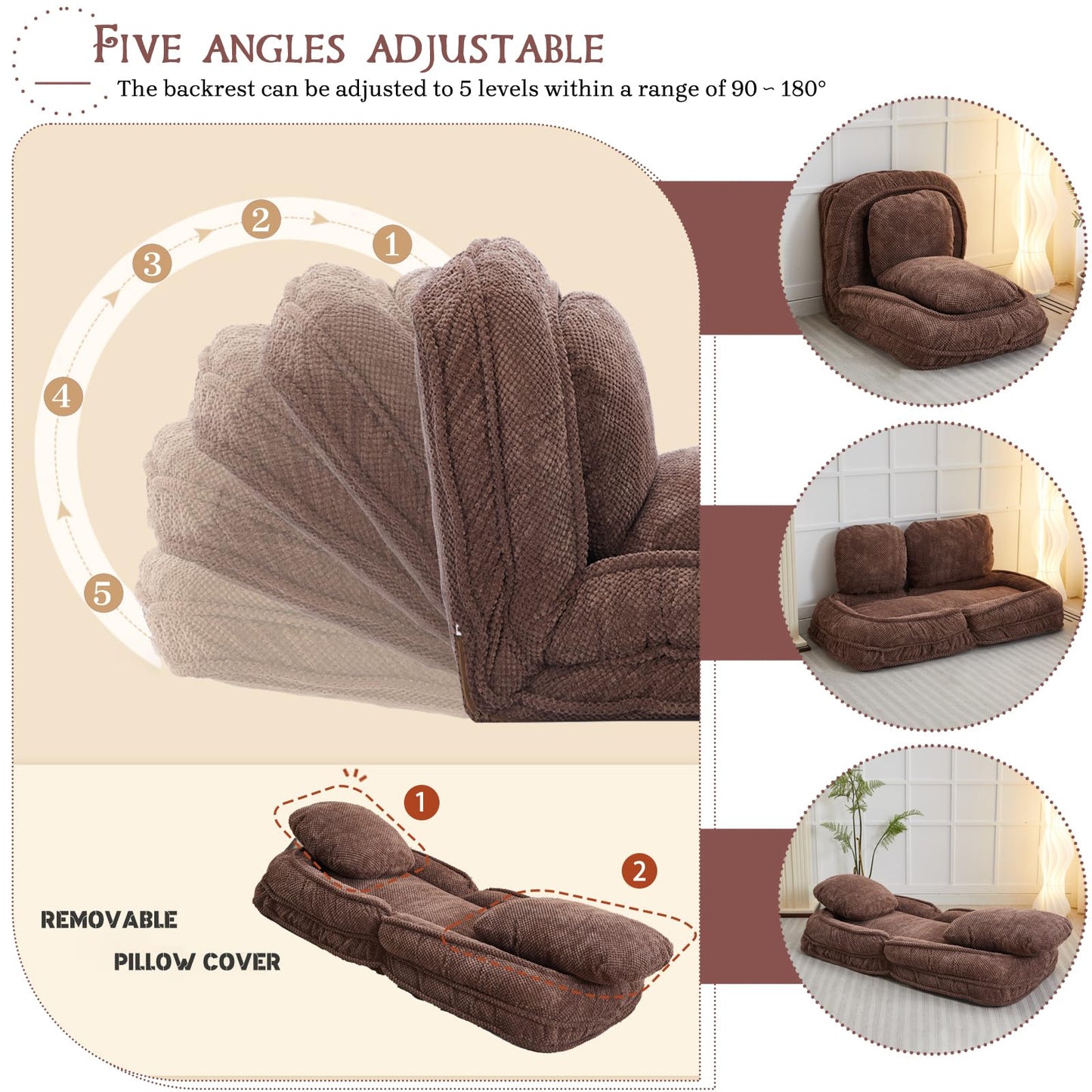 Upholstered Convertible Lounge Chair with 2 Soft Pillows