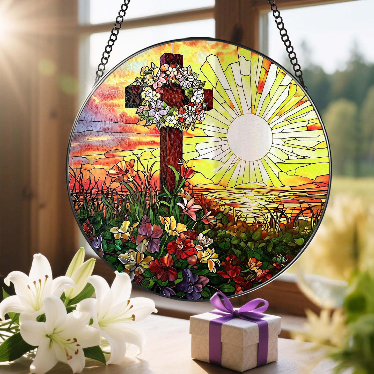8-Inch Jesus with Cardinals Suncatcher Ornament, Stained Glass Window Hanging & Religious Christmas Ornament, Christian Window Decor — Memorial Gift, Christian Gifts for Her, Religious Gifts