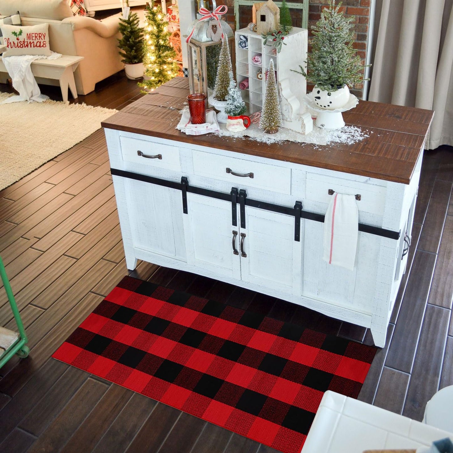 Christmas Door Mat Outdoor 35.4''x59'' Buffalo Plaid Christmas Decor Rug Cotton Hand-Woven Layered Door Mats Washable Carpet for Front Porch, Kitchen, Farmhouse, Entryway