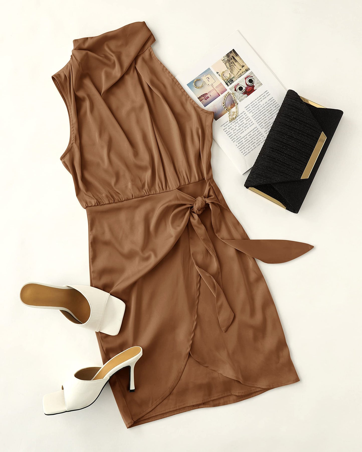 ZESICA Women's Satin Sleeveless Halter Tie Waist Wrap Bodycon Mini Dress | 2026 Summer Fashion Short Dresses, Silky High Waist Dress, Above Knee Length, Sexy Cocktail Party Club Outfits