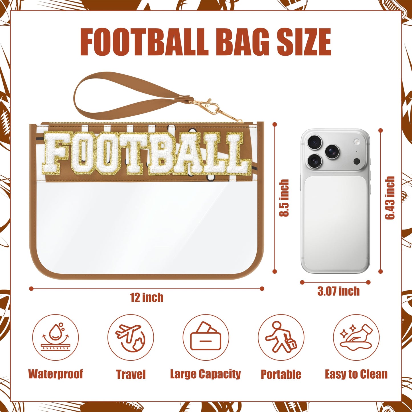 BuyCard Soccer Gift Makeup Bag with Chenille Letter Patch, Clear Cosmetic Pouch PVC Organizer Purse, Waterproof Travel Bag, Portable Toiletry Storage Bag for Her Friends