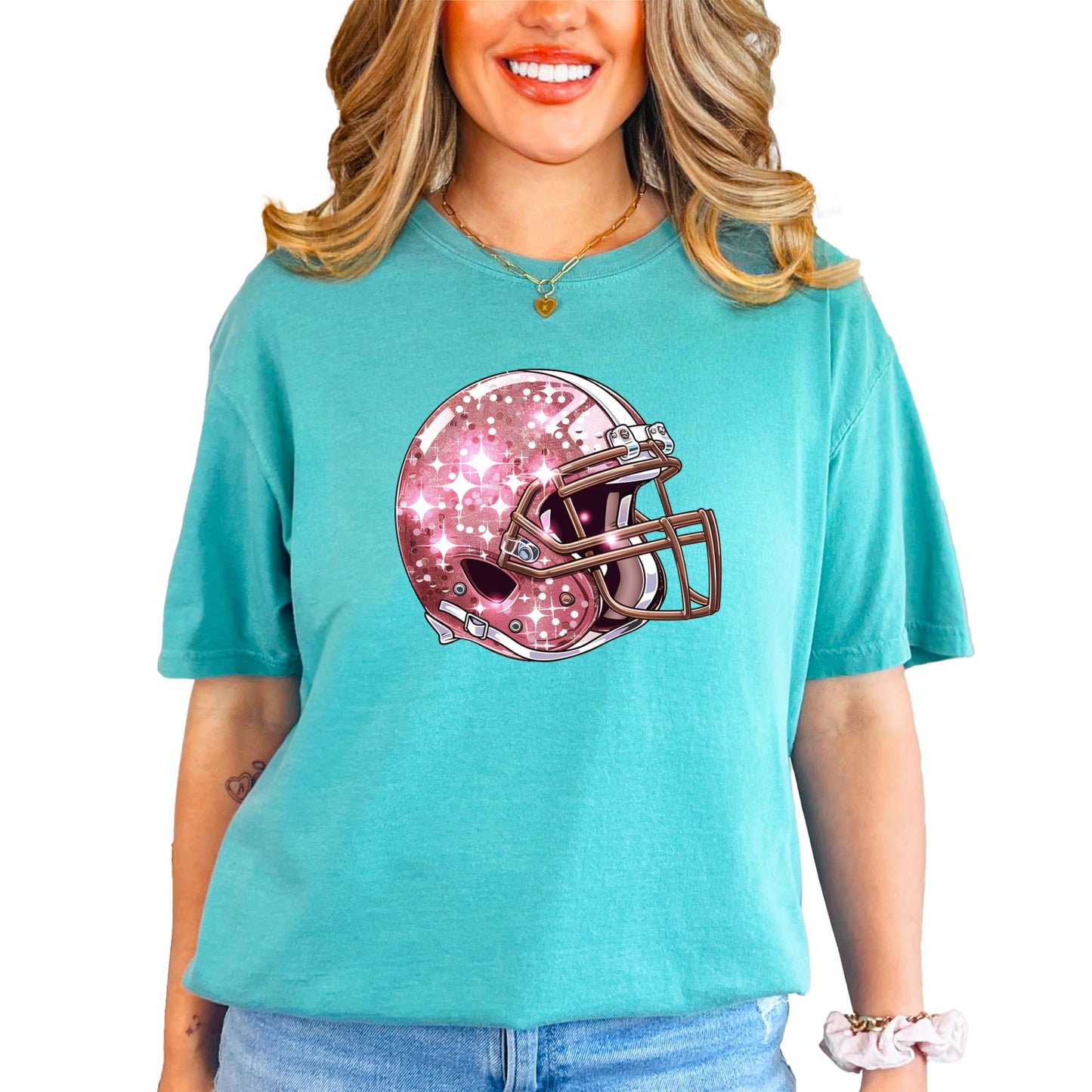 Pink Football Helmet Faux Glitter Shirt for Women and Teens Girly Football Fan Oversized Tee