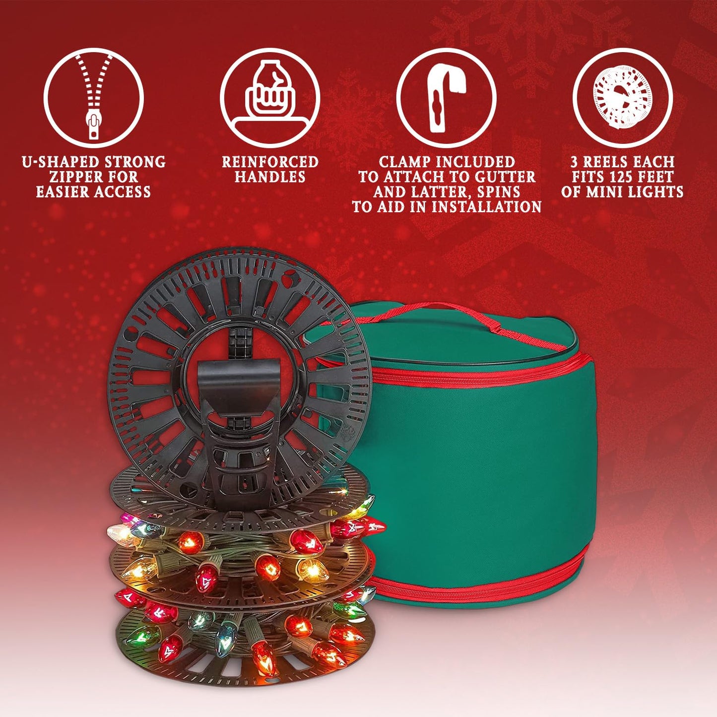 HOLDN’ STORAGE Premium Christmas Light Storage Bag – Heavy Duty Tear Proof 600D/Inside PVC Material with Reinforced Handles - 3 Reels Stores up to 375 Ft of Mini Tree Lights & Extension Cords Red