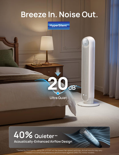 DREO Tower Fan for Bedroom, 2026 Upgraded DC Motor, 28ft/s High Velocity, 20dB Ultra Quiet Standing Fan, 8 Speeds 4 Modes, 90° Oscillating Bladeless Fan for Indoors, Floor Fans with Remote, Black