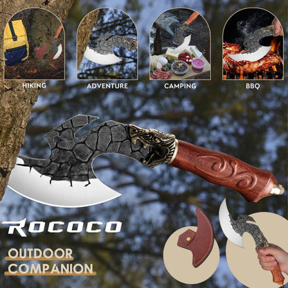 ROCOCO Viking Cleaver Knife Birthday - Kitchen Axe & Sheath Father Gift Men | Hand Forged High Carbon Steel Butcher Meat Cutting Boning Knife for Home Outdoor BBQ Camping Chirstmas Mother