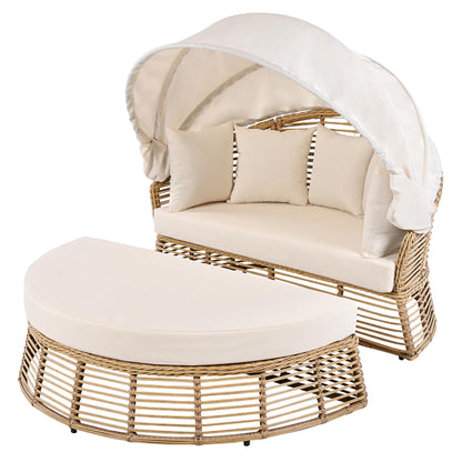 LUMISOL Outdoor Sunbed with Retractable Canopy, Outdoor PE Wicker Round Sectional Sofa with Separated Cushion Seats, Pillows and Removable Cushions for Patio, Backyard, Beige