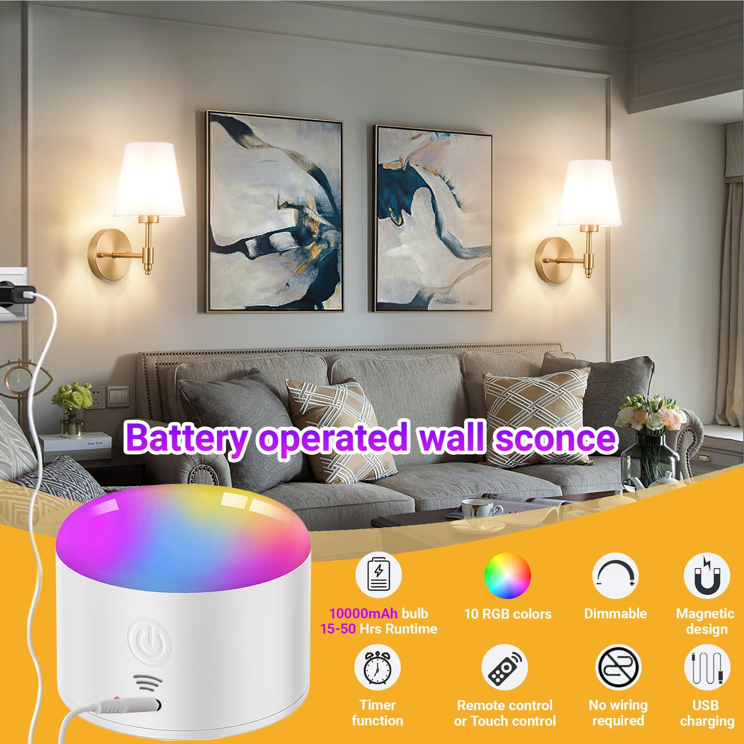 YHCDLAMP Battery Operated Wall Sconce Light with Remote Control, Dimmable Wall Sconce Set of 2 with White Fabric Shade, Wireless Battery Operated Wall Lamp for Bedroom Living Room, Bulb Included