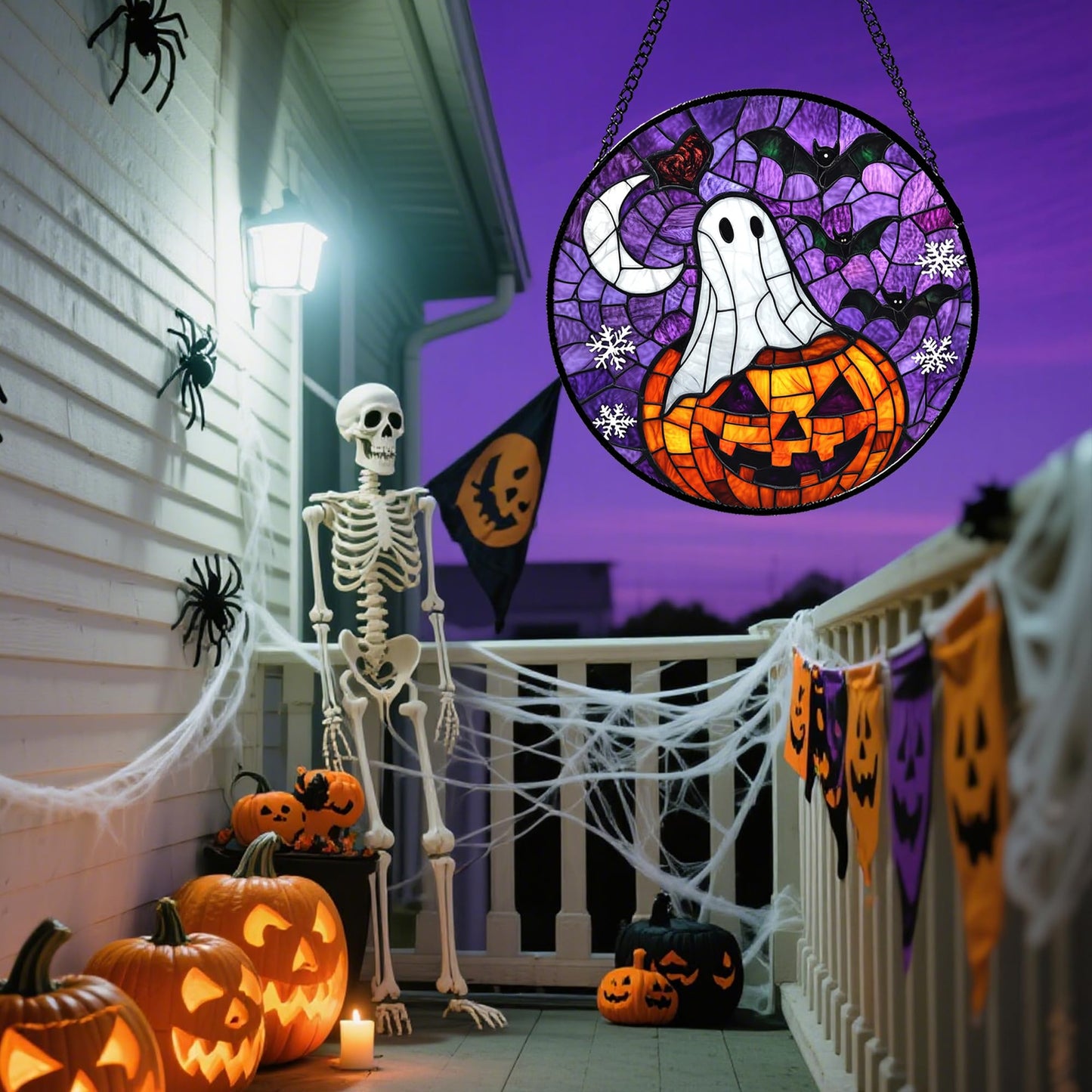 Stained Glass Window Hanging, Halloween Decorations Evil Pumpkin Suncatcher for Doors Garden Indoor Spooky Funny Orange Sun Catchers Gothic Decor Horror Gifts for Women Men Friend 15 in