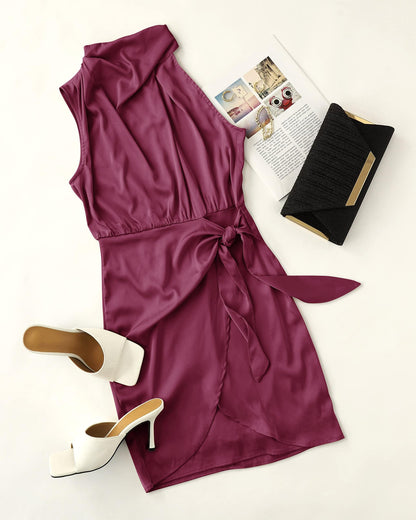 ZESICA Women's Satin Sleeveless Halter Tie Waist Wrap Bodycon Mini Dress | 2026 Summer Fashion Short Dresses, Silky High Waist Dress, Above Knee Length, Sexy Cocktail Party Club Outfits