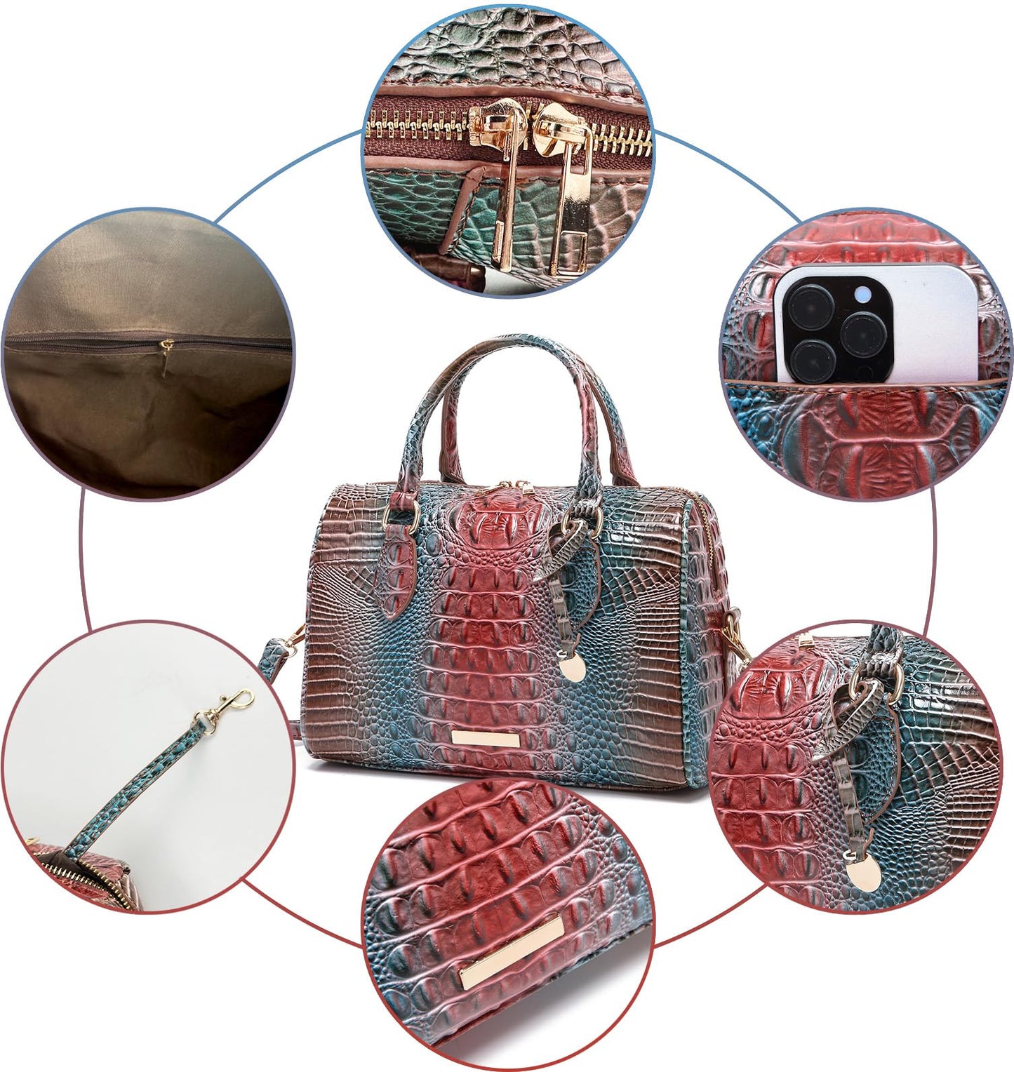 Makcr Joacbv Crocodile Handbag for Women Top Handle Leather Shoulder Purse | Glossy crocodile-embossed vegan leather with rolled handles, buckle details, a structured dome shape, and adjustable strap.