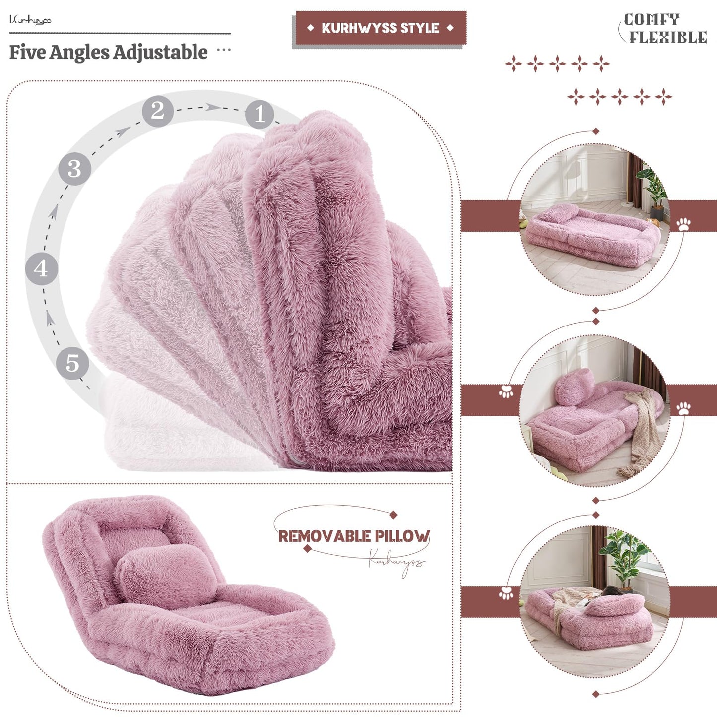 Upholstered Convertible Lounge Chair with 2 Soft Pillows