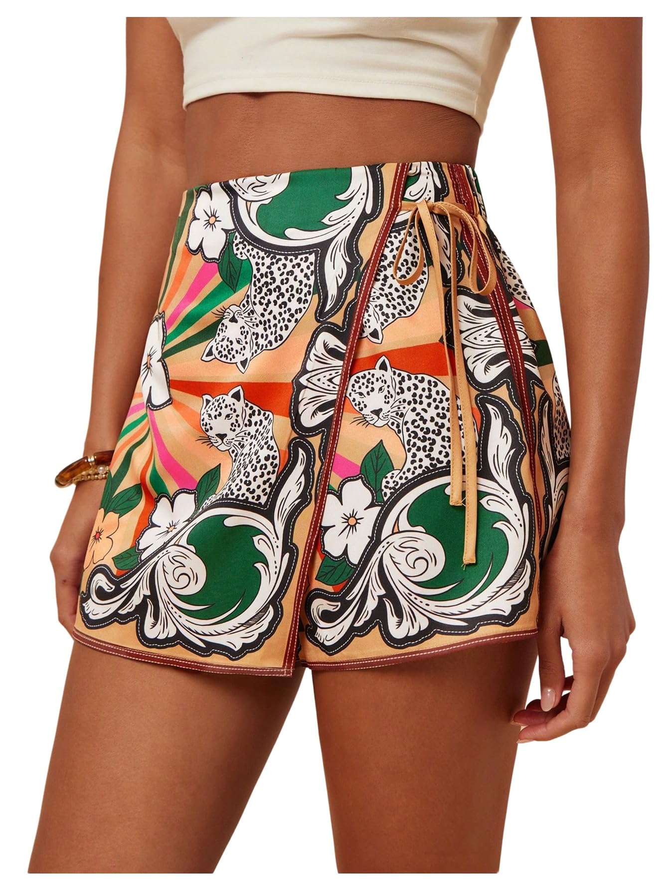 Sweatyrocks Women's Boho Mini Skirts Floral Shorts Tie Side Wrap Elastic Waist Summer Skorts Beach Vacation Outfits