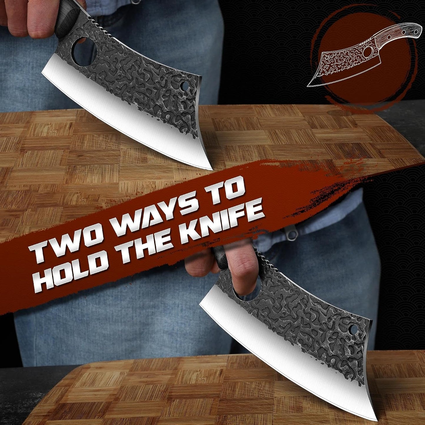 ROCOCO Viking Cleaver Knife Birthday - Kitchen Axe & Sheath Father Gift Men | Hand Forged High Carbon Steel Butcher Meat Cutting Boning Knife for Home Outdoor BBQ Camping Chirstmas Mother