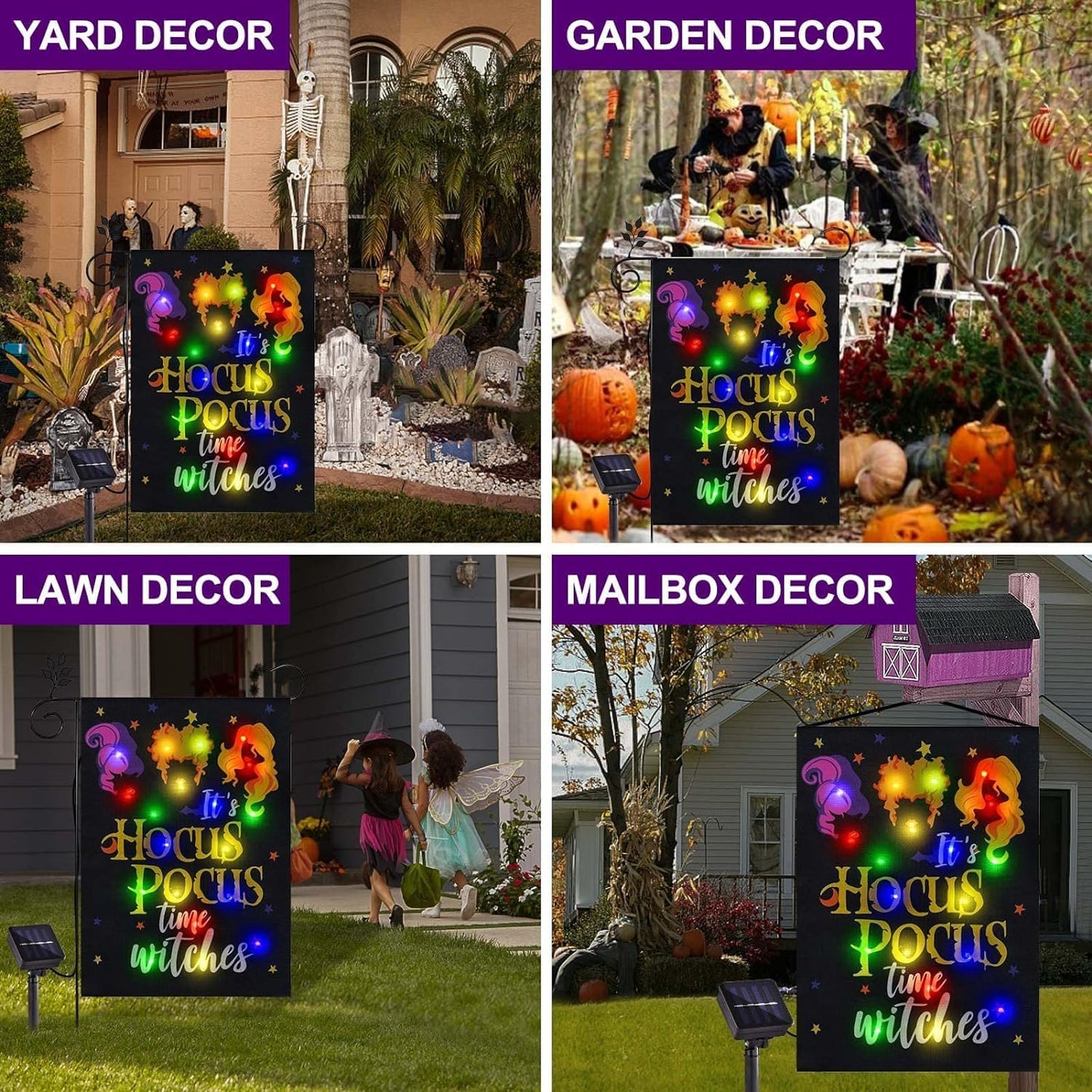 Halloween Lighted Garden Flag for Outside, Led Solar Yard Flag 8 Modes Witch Feet Shape Flag, 28x40 Double Sided Cauldron Eyeball Black Cat Decorations for Home Porch