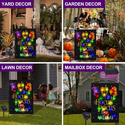 Halloween Lighted Garden Flag for Outside, Led Solar Yard Flag 8 Modes Witch Feet Shape Flag, 28x40 Double Sided Cauldron Eyeball Black Cat Decorations for Home Porch