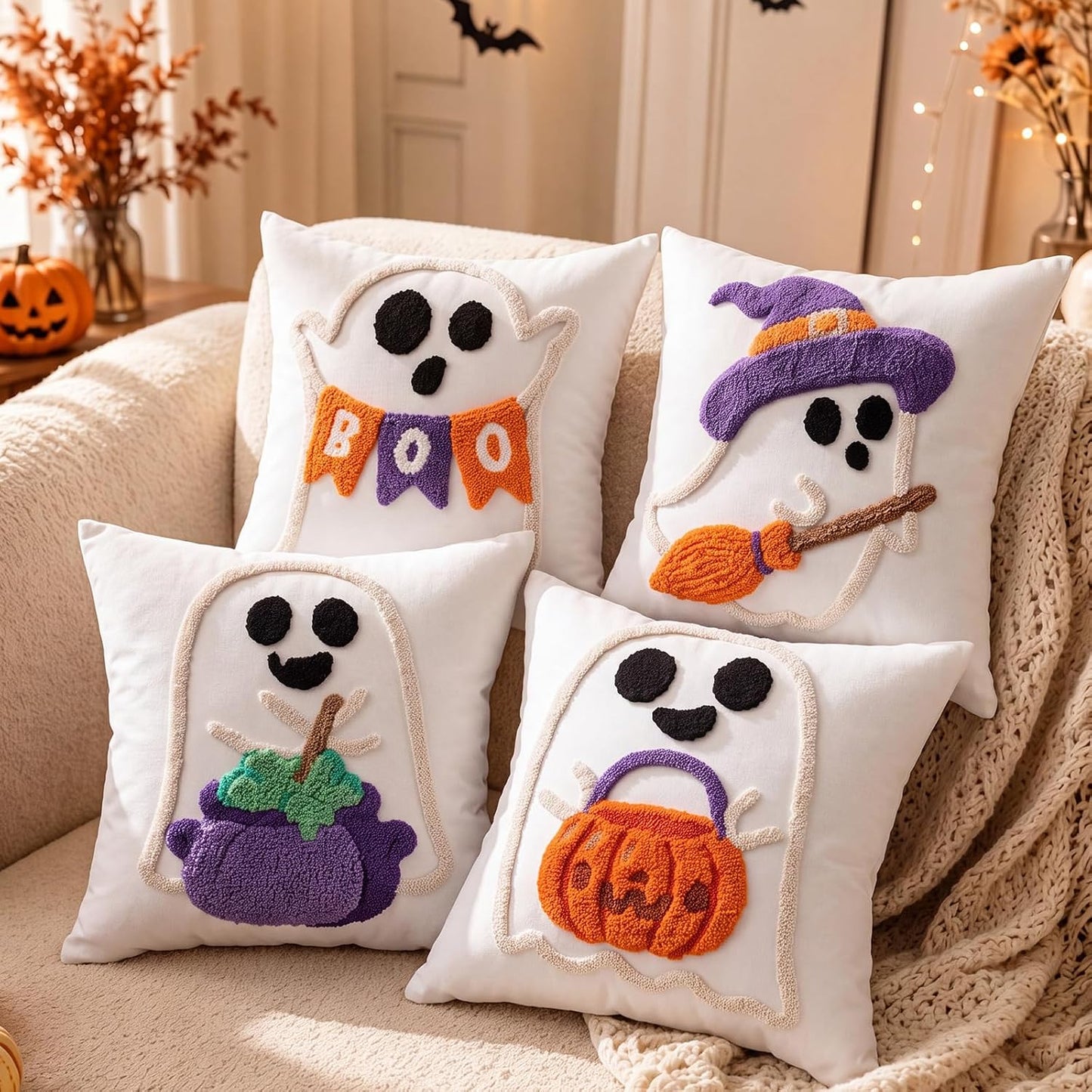 Irenare 4 Pcs 18 x 18 Inch Halloween Throw Pillow Covers Cute Ghost Witch Crochet Pillowcase Boo Embroidered Cushion Gift for Halloween Farmhouse Couch Sofa Home Decor
