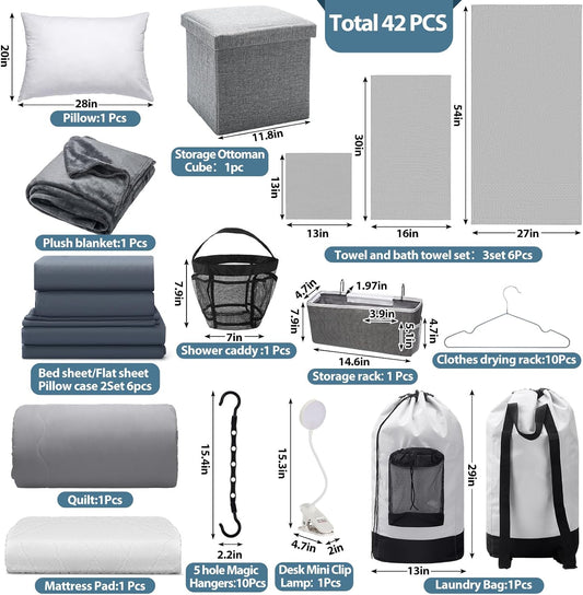 42 Pcs College Dorm Essentials Set Twin XL Bedding Bundle Bedding Bathroom and Storage Supplies Totally Complete for Guys College Dorm School, Gray