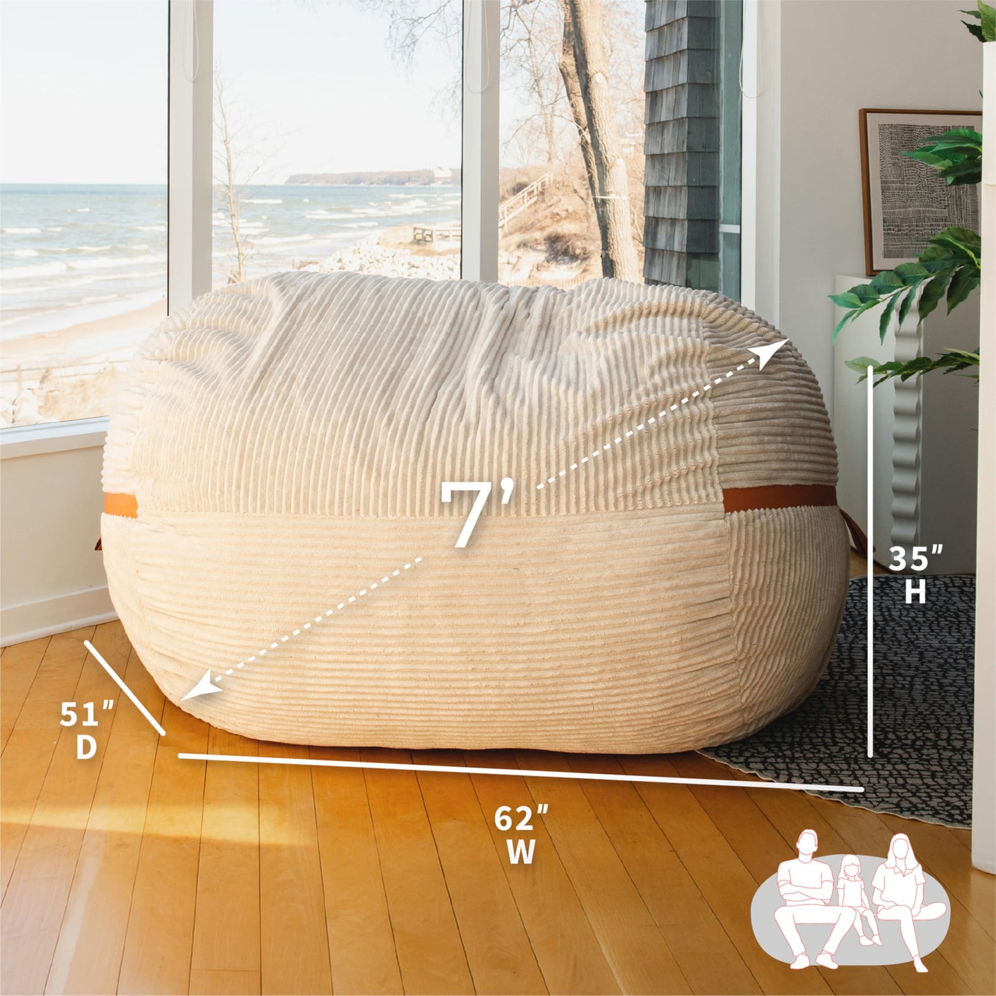 Big Joe Fuf 7Ft Giant Foam Bean Bag Chair, Oversized Couch with Removable Cover for Kids, Teens, Adults, Fog Lenox, Durable Woven Polyester, 7 Foot
