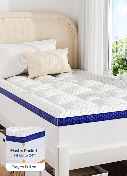 BEDELITE Dorm Room Essentials, Dual Layer 4 Inch Twin XL Memory Foam Mattress Topper for College Students Back to School, 2 Inch Pillow Top Mattress Pad and 2 Inch Cooling Gel Foam for Pressure Relief